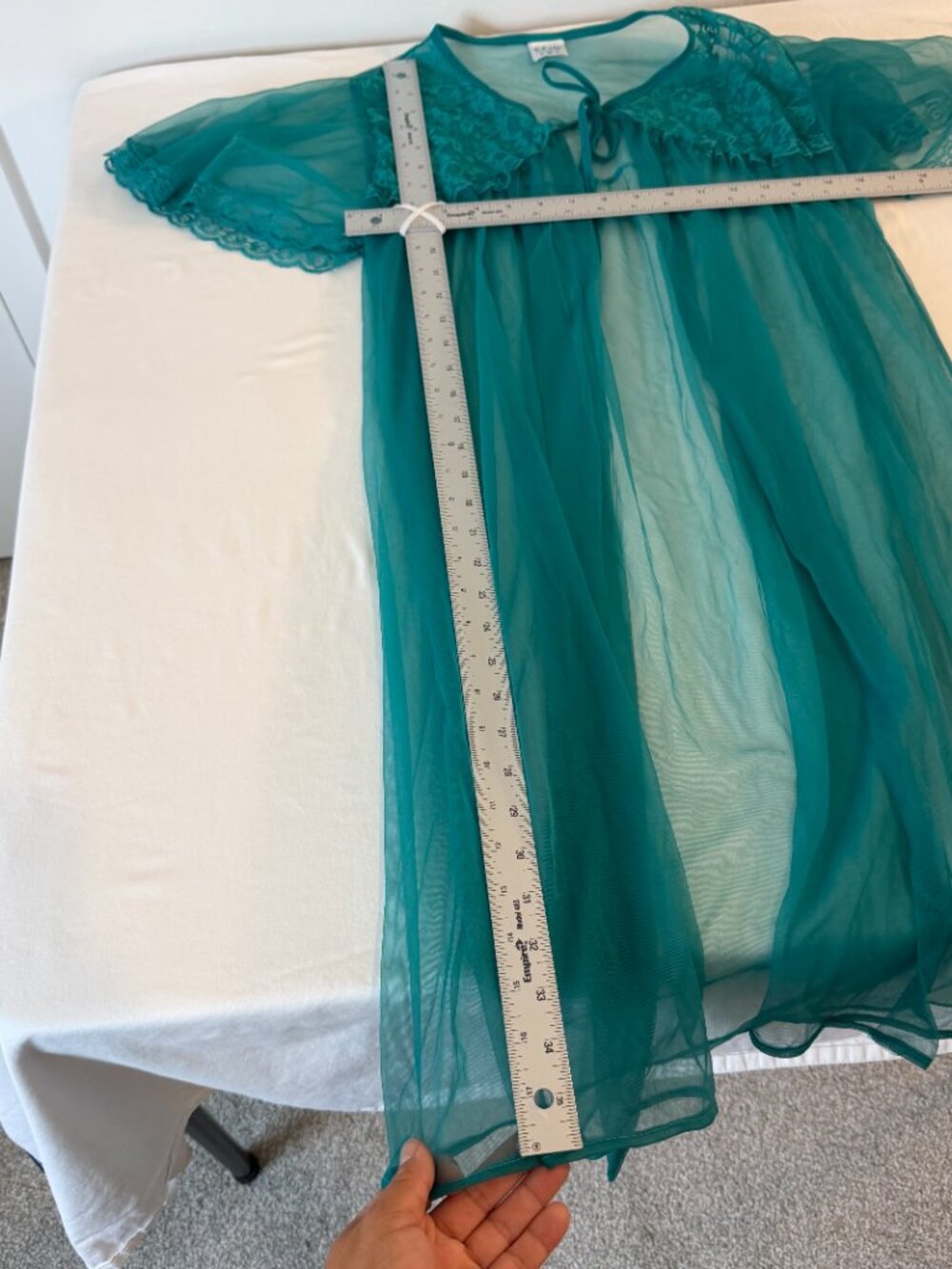 Vintage Elsie of Miami Aqua Sheer Lace Peignoir Robe Nylon Tie Front Small USA - Picture 6 of 6